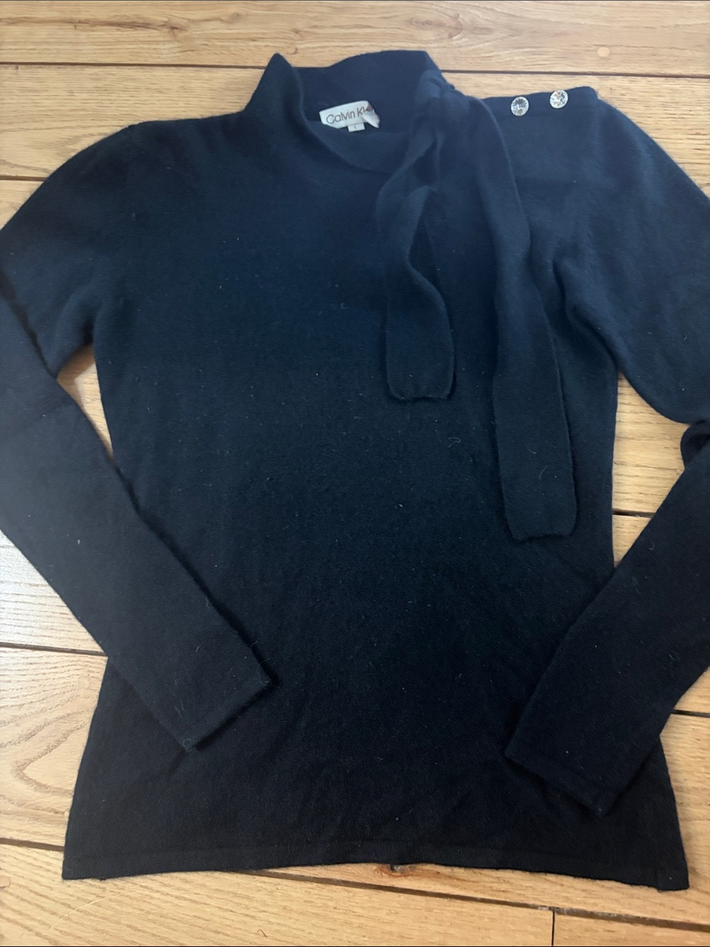 Calvin Klein Black Turtleneck Sweater with Tie-Neck Detail